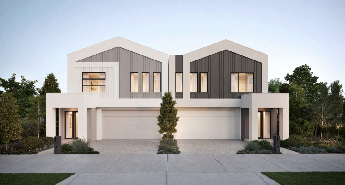 Mirror-image pair of two-storey townhomes with gabled rooflines, dark and light cladding, and twin garages