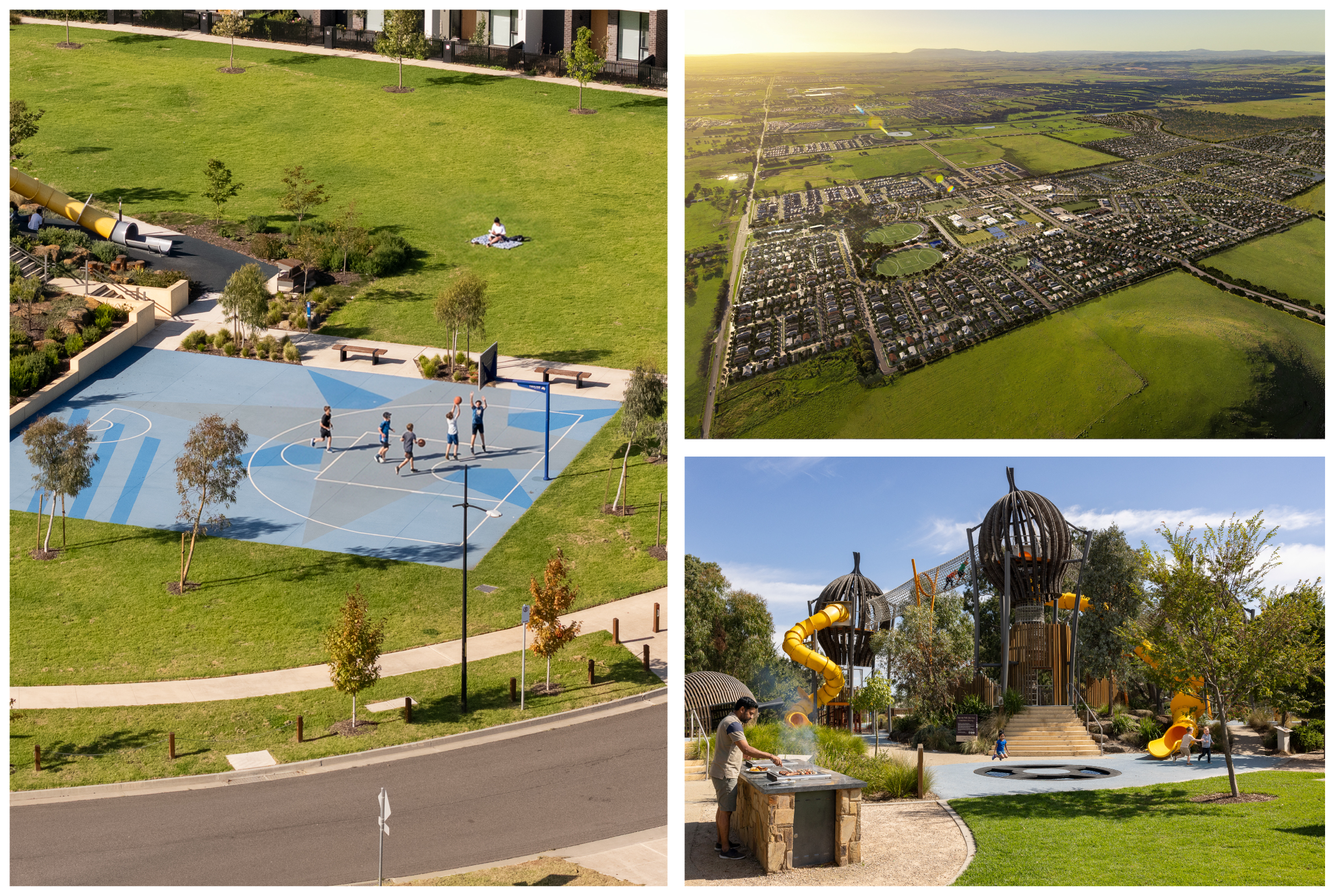 Aerial and street-level views of estate parks and playground